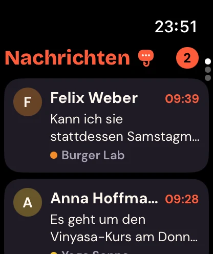 Die Liste der Unterhaltungen auf der Apple Watch