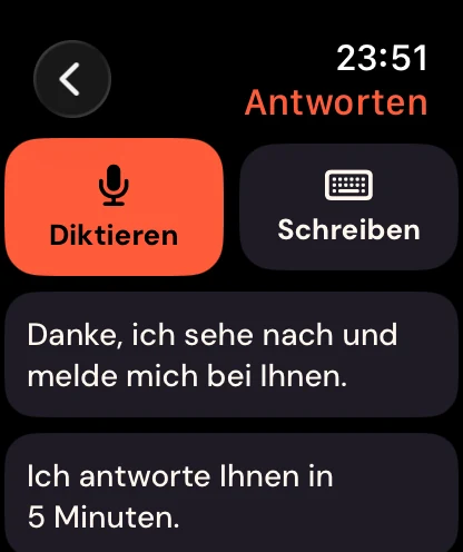 Der Bildschirm Antworten: Diktieren, Schreiben und Schnellantworten