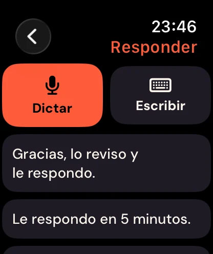 La pantalla Responder: Dictar, Escribir y respuestas rápidas