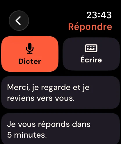 L’écran Répondre : Dicter, Écrire et les réponses rapides