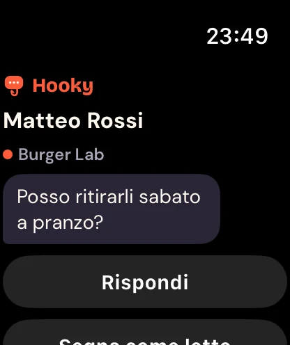 Una notifica di messaggio con Rispondi e Segna come letto