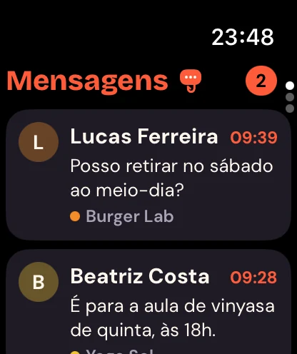A lista de conversas no Apple Watch