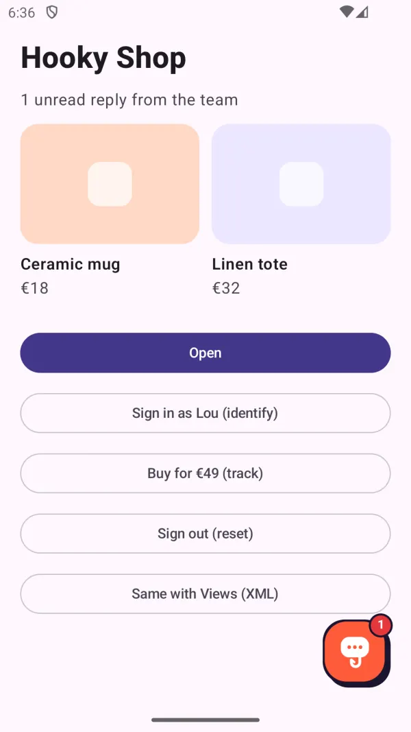 Una schermata di un’app Android con la bolla Hooky in basso a destra e un messaggio non letto.