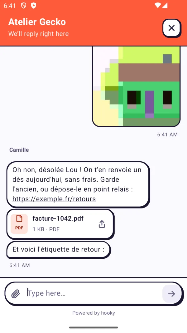 La conversazione Hooky su Android: una foto, un PDF ricevuto e un link.