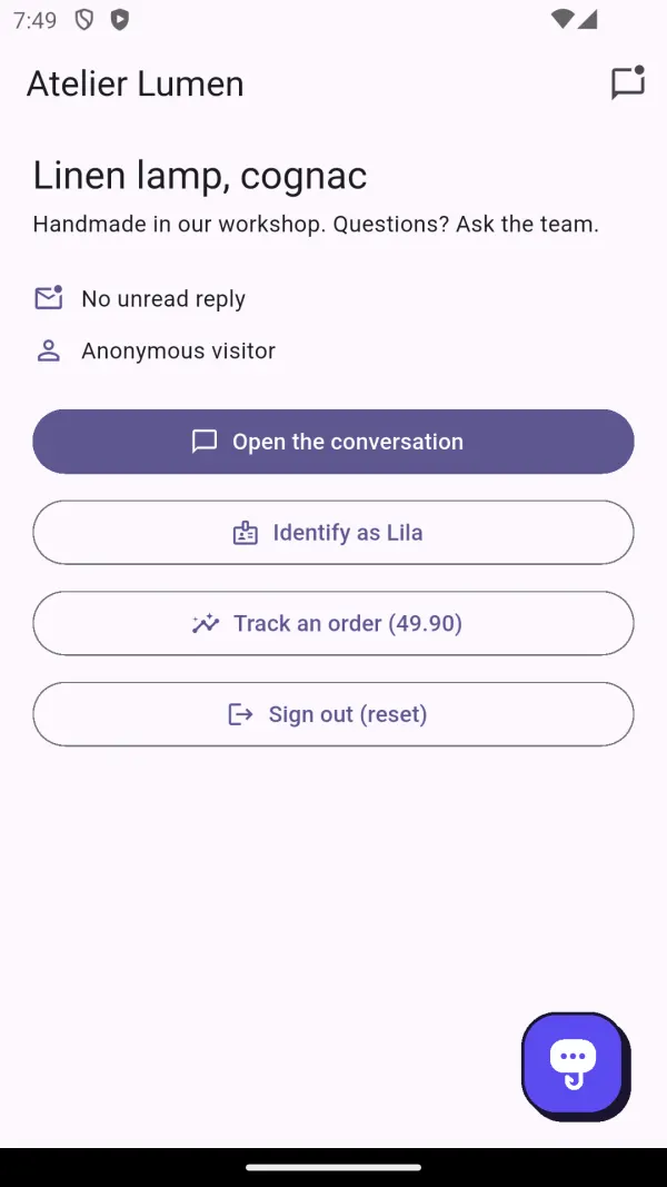 Um app Flutter no Android com o widget HookyBubble no canto inferior direito.