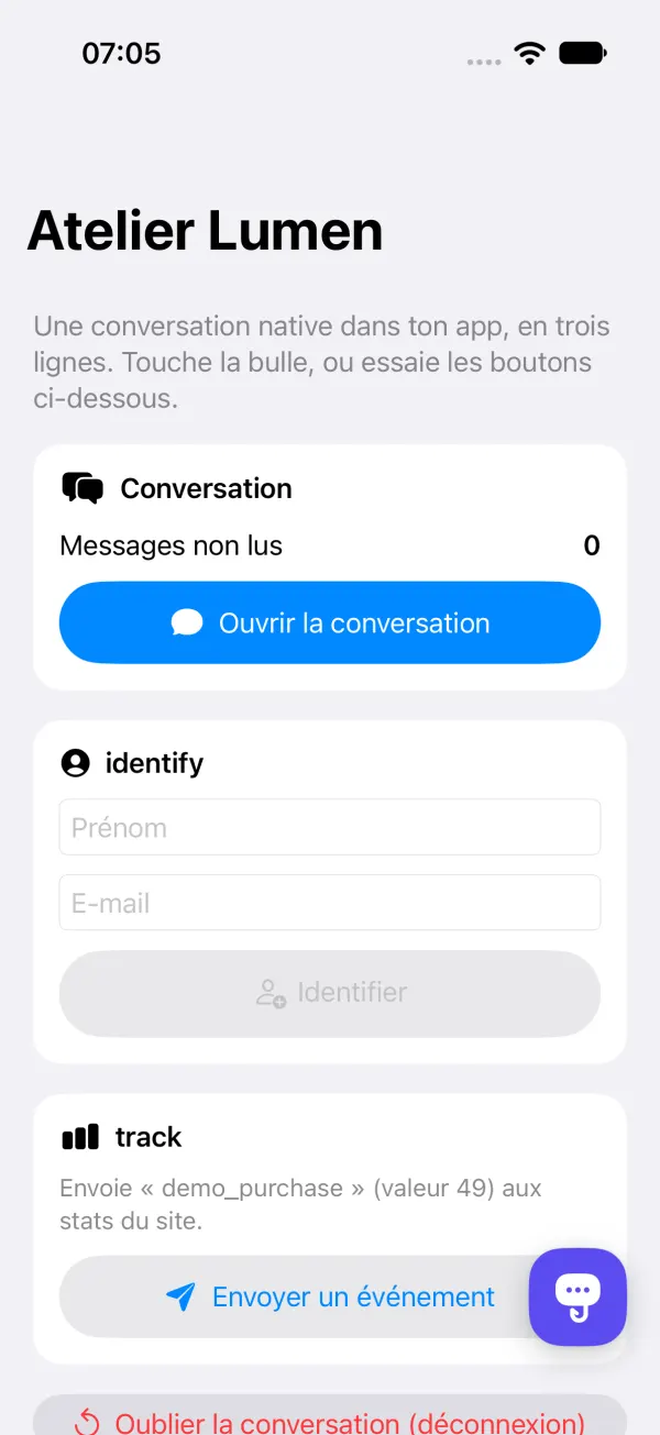 Uma tela de app no iPhone com o balão do Hooky no canto inferior direito.